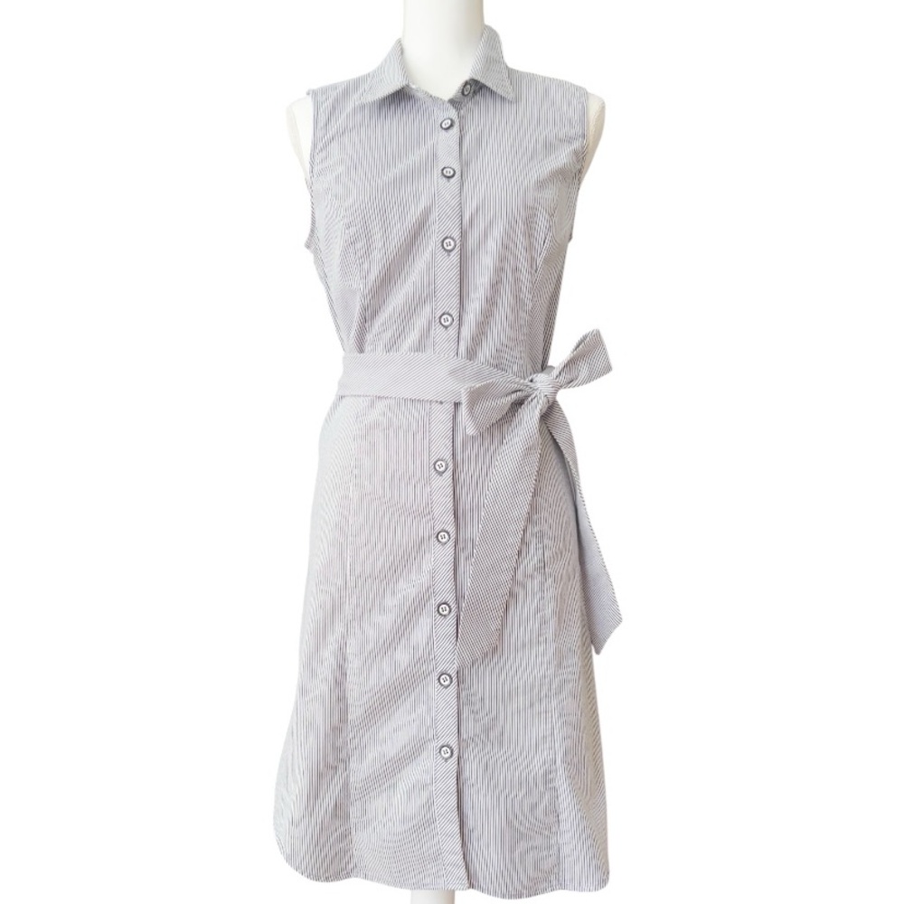 Elegant Gray Striped Sleeveless Shirt Dress, by Grace